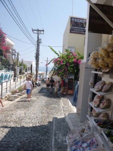 Santorini cobblestone streets and shops